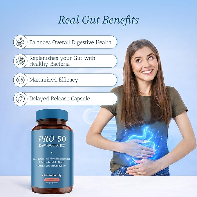 Vitamin Bounty Pro-50 Probiotics 50 Billion CFU for Women & Men - 13 Multi Strain Probiotic + Prebiotic - Digestive Health Supplements for Gut Health Support - Delayed Release Capsules for Men & Women