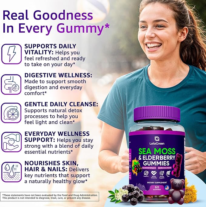 Irish Sea Moss Gummies – Bladderwrack Burdock Root Elderberry Vitamin C & Zinc – 60 Vegan Seamoss Gummy Bears for Adults Kids Men Women – Multimineral Elderberry Vitamins