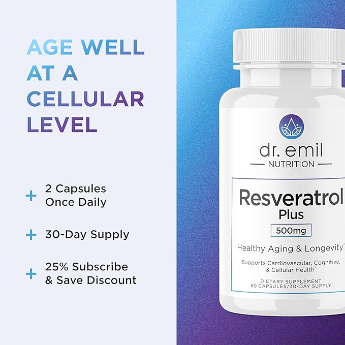 DR. EMIL NUTRITION Resveratrol Supplement - Healthy Aging Supplement with 500mg Resveratrol and 100mg Quercetin - Supports Normal Cellular & Cognitive Health, 60 Capsules