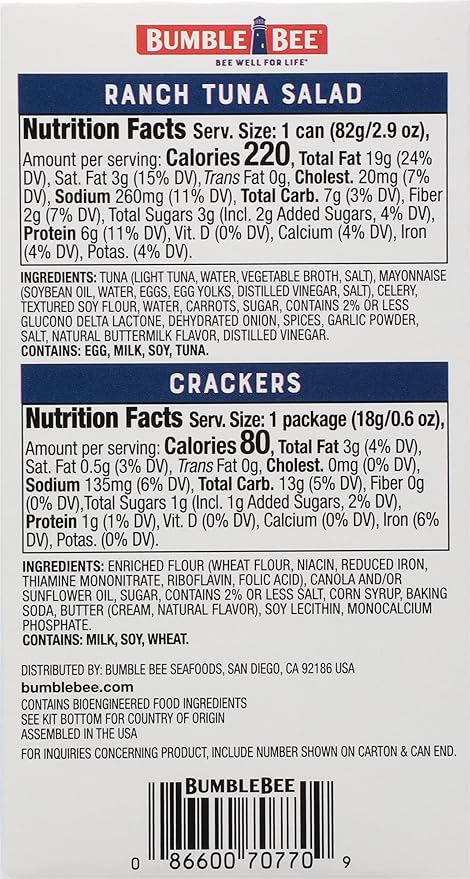 Bumble Bee Snack On The Run! Protein Snack Pack - 7g Protein per Box - Ranch Tuna Salad with Crackers Kit - Ready to Eat Easy-Open Can - Wild Caught MSC-Certified Tuna (Pack of 1)