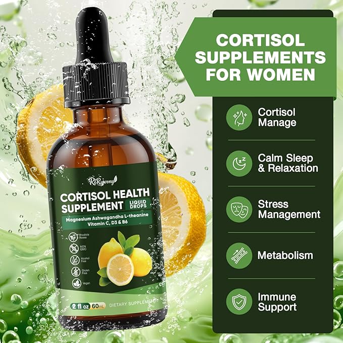 Cortisol Supplements for Women & Men, 15-in-1 Cortisol Detox & Reducer - Adrenal Balance, Relaxation, Sleep & Focus, with Magnesium, Ashwagandha, L-Theanine, Vitamin C, D3 & B6, 2 Fl Oz
