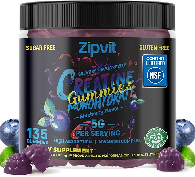 zipvit Creatine Monohydrate Gummies (5g) – Pre-Workout Energy & Muscle Growth Support for Men & Women | Blueberry Electrolyte Gummies (135 Count)