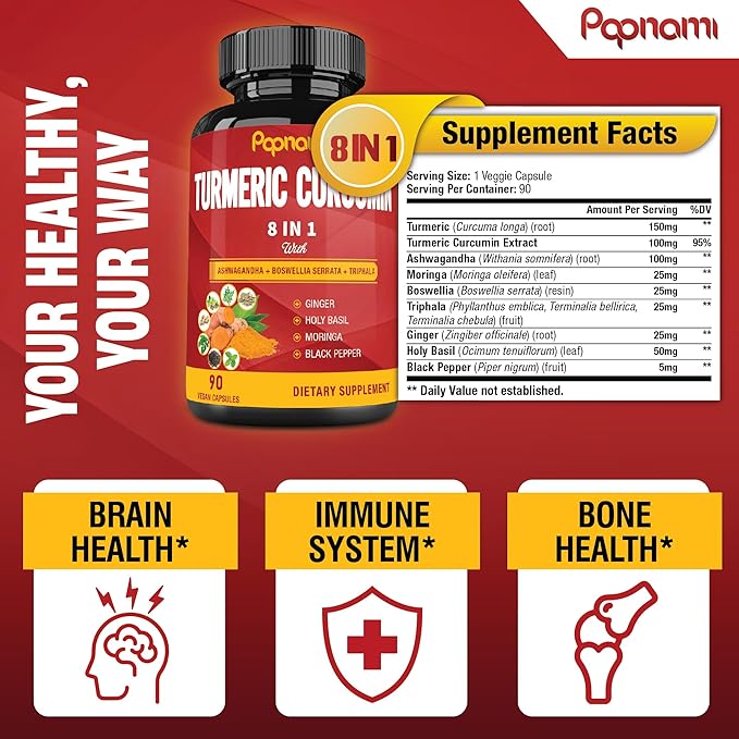 Turmeric Curcumin Extract Capsules - 90 Counts 3 Month Supply - Blended Ashwagandha, Moringa, Ginger & More - Immunity, Joint, Digestive & Wellness Support