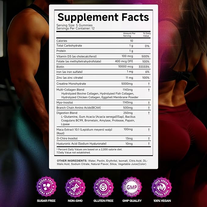 Creatine Monohydrate Gummies – with Collagen, BCAAs, L-Glutamine, Biotin, Zinc, Vitamin D3 & Hyaluronic Acid – Daily Pre & Post Workout Recovery, Sugar-Free (60 Gummies)