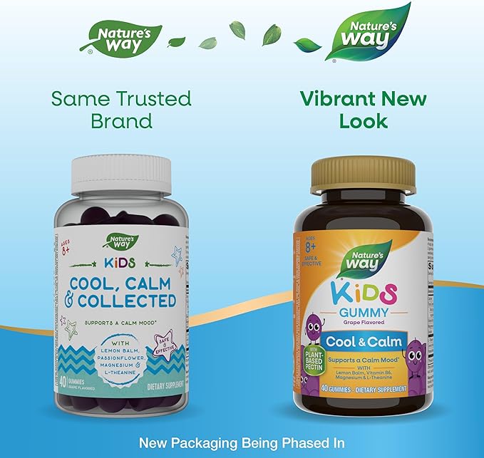Nature's Way Kids Cool & Calm Gummies,Supports a Calm Mood in Kids Ages 8+*,Lemon Balm,Magnesium,Vitamin B6,L-Theanine,Grape Flavored,Vegetarian,(Packaging May Vary),40 Count (Pack of 2)