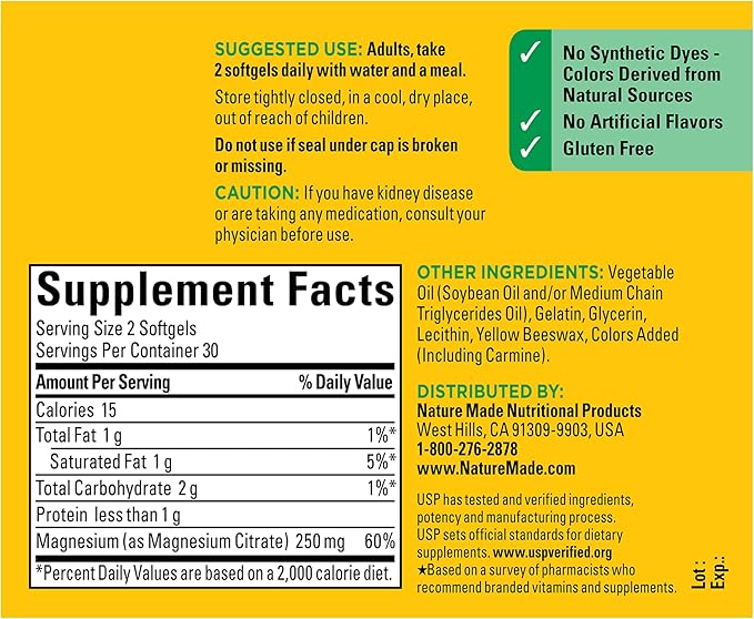 Nature Made Magnesium Citrate 250 mg per serving, Magnesium Supplements for Men and Women, Supports Muscle, Nerve, Bone and Heart, 60 Softgels, 30 Day Supply