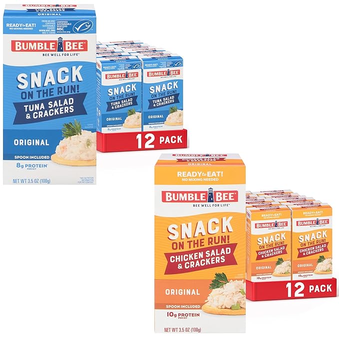 Bumble Bee Snack On The Run! Bulk Protein Snack Packs - Original Tuna Salad and Classic Chicken Salad with Crackers - Ready to Eat Easy-Open Can (Pack of 24)