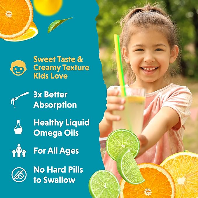 Barlean's Omega Pals Lipsmackin' Citrus Flavored Omega-3 for Kids, Yummy Children's Liquid Fish Oil Supplement with 750 mg of EPA & DHA for Brain & Eye Health, 8 oz, 2 Pack
