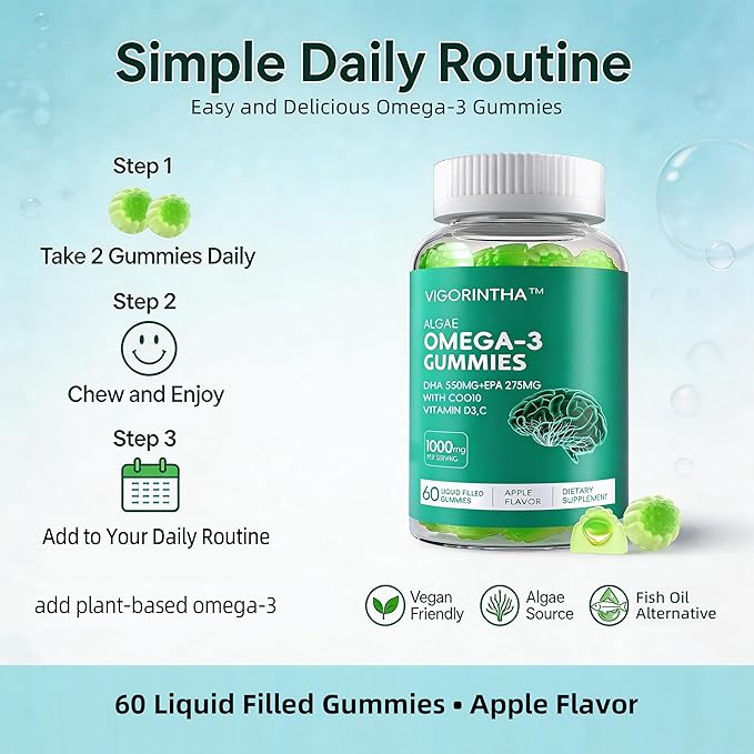 Vegan Omega-3 Algae Oil Supplement with DHA 300mg & EPA 150mg, Plant-Based Omega-3 with Vitamin D3 & K2, Fish-Free Algal Oil Softgels for Men & Women, 2 Pack, 120 Softgels, 60 Day Supply