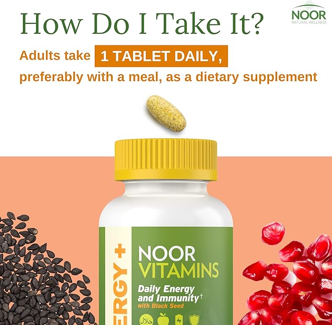 Noor Vitamins Energy+ Multivitamin; Halal Vitamin for Energy Production & Immunity, 26 Vitamins & Minerals, Black Seed, Dates, Honey, for Men & Women. Gelatin Free, 2 Month Supply