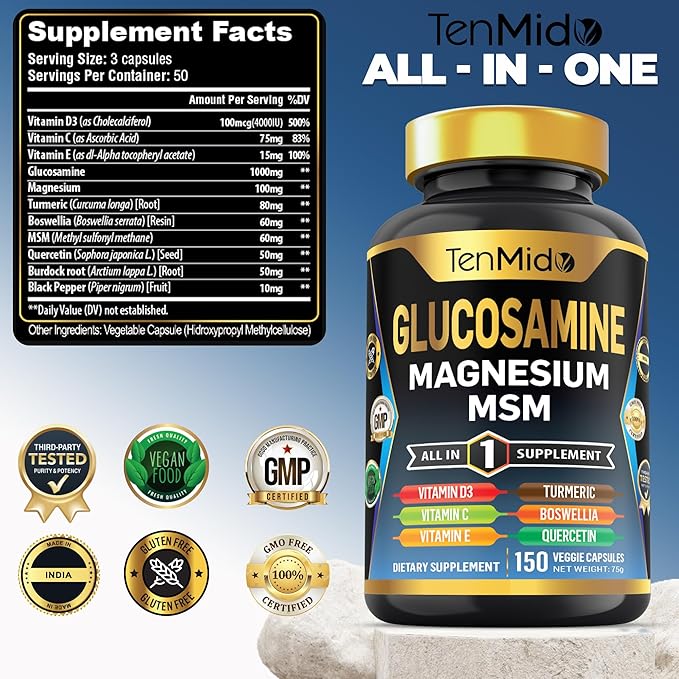 Glucosamine MSM Supplement for Men and Women - 11in1 Formula - Combine with Magnesium, Turmeric, Boswellia, Quercetin, Burdock Root, and More | Joint & Mobility Support - 150 Capsules