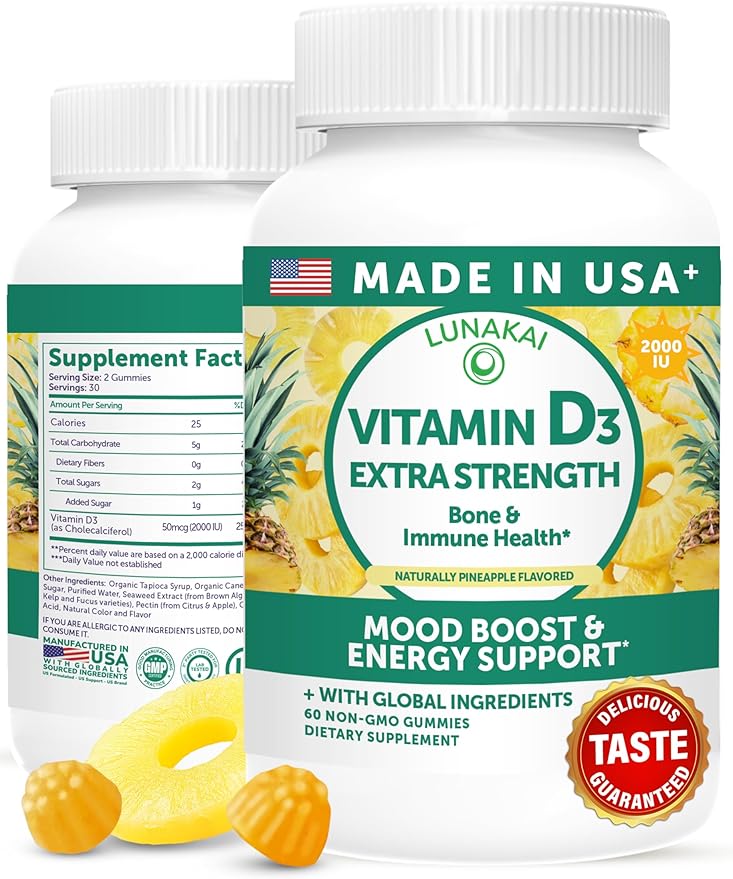 Lunakai USA Made Vitamin D3 Gummies 2000 IU - Non-GMO, Gluten-Free Vitamin D Gummies for Women & Men - Bone, Immune & Energy Support, 60ct