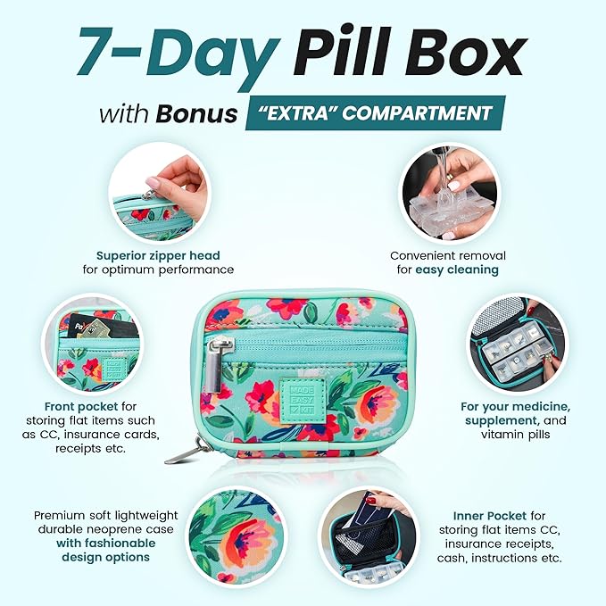 Made Easy Kit Pill Case for Everyday and Travel - 7-Day Weekly Medicine Supplement Vitamin Organizer Sorter Tracker - Neoprene Bag with Pockets - Compact Portable 8 Compartments (Teal)