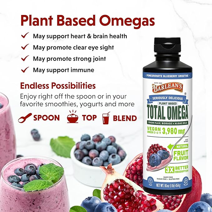 Barlean's Vegan Omega 3 6 9 Flaxseed, Borage and Algae Oil Liquid Supplement, Pomegranate Blueberry, 3,980 mg GLA, EPA and DHA Fatty Acid, Vegan, 16 oz