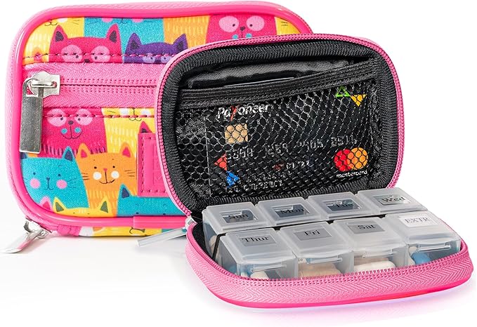 Made Easy Kit Pill Case for Everyday and Travel - 7-Day Weekly Medicine Supplement Vitamin Organizer Sorter Tracker - Neoprene Bag with Pockets - Compact Portable 8 Compartments (Multicolor Cats)