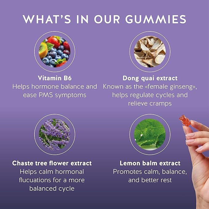 PMS Support Supplement for Women. Menstrual Relief Gummies to Target Hormonal Breakouts, Bloating, Period Cramps, & Mood Swings. Vegan, with Vitamin B6 & Lemon Balm, 90 Gummies