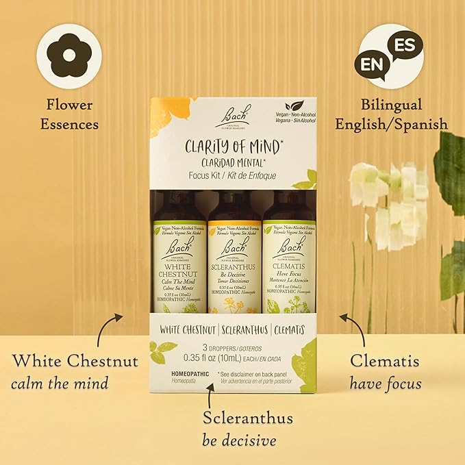 Bach Original Flower Remedies, Clarity Of Mind Trio Kit, For Focus & Mindfulness (Non-Alcohol Formula), Natural Homeopathic Flower Essence, Vegan, 3 x 10mL Droppers