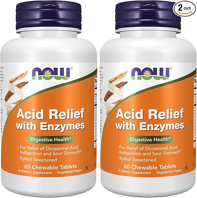NOW Foods Supplements, Acid Relief with Enzymes, Xylitol Sweetened, Digestive Health*, 60 Chewables (Pack of 2)