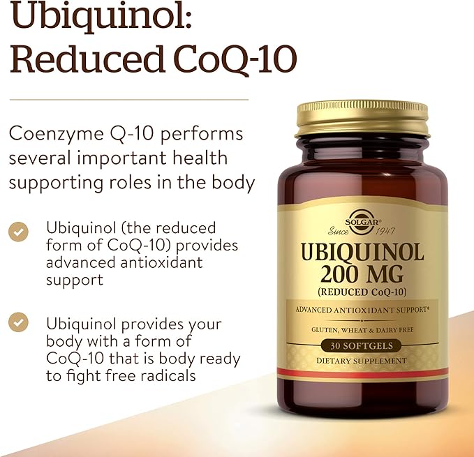 Solgar Ubiquinol 200 mg (Reduced CoQ-10), 30 Softgels - Promotes Heart & Brain Function - Supports Healthy Aging - Coenzyme Q10 - Ubiquinone Supplement - Gluten Free, Dairy Free - 30 Servings
