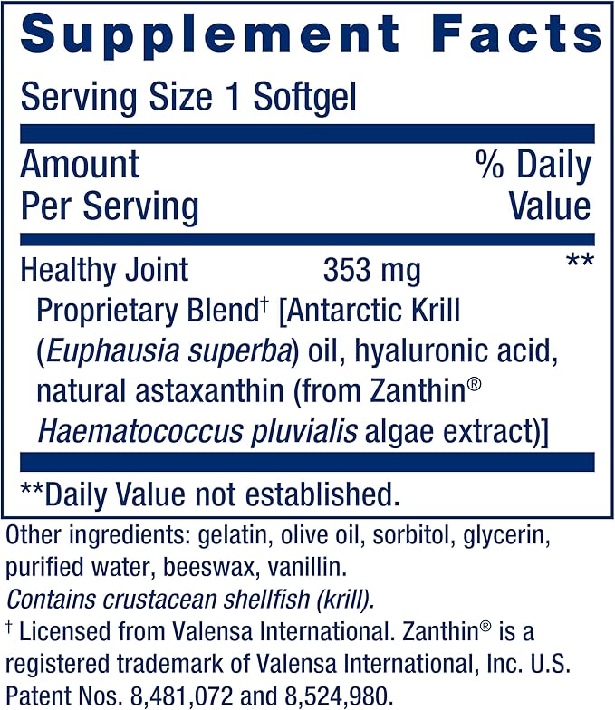 Life Extension Krill Healthy Joint Formula, Krill Oil, hyaluronic Acid, The carotenoid astaxanthin for Healthy Joints, Healthy Body, Gluten-Free, Non-GMO, 30 softgels