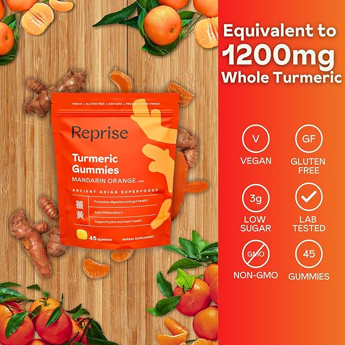 Turmeric Gummies for Women | Turmeric Supplement Gummies for Inflammation | Turmeric Gummies for Adults | Natural Curcumin, Low-Sugar, Vegan, Mandarin Orange Flavor, 45 Count