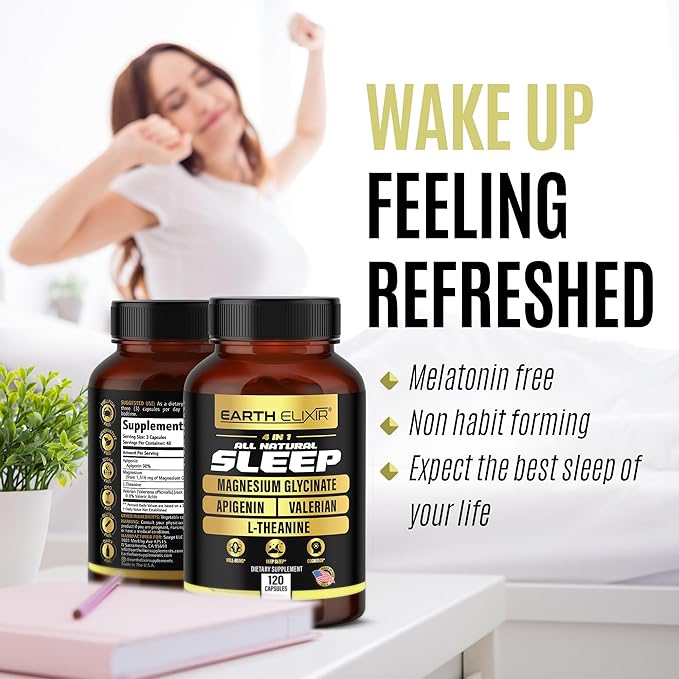 Earth Elixir 4-in-1 Sleep Aid (120 Caps) w/Apigenin 50mg, Magnesium Glycinate 200mg, L Theanine 200mg & Valerian Root for Sleep Aid 300mg | Apigenin Supplement for Sleep | Sleeping Pills