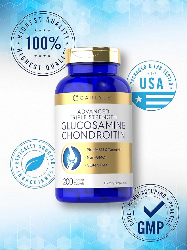 Carlyle Glucosamine Chondroitin MSM Turmeric | 200 Count | Advanced Triple Strength Supplement | Non-GMO & Gluten Free