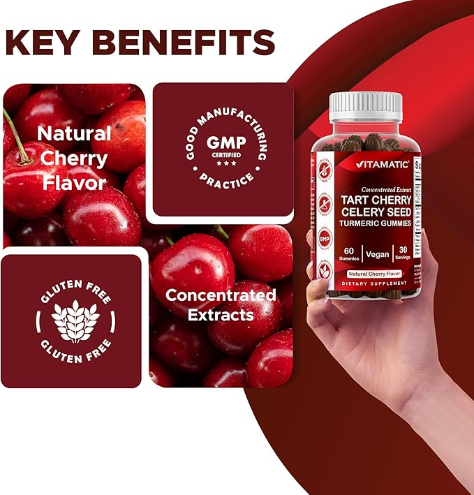 Vitamatic Tart Cherry (360 mg) with Celery Seed (30 mg) 10:1 Extract & Turmeric 20:1 Extract (10 mg) - (Per Serving/2 Gummies) - 60 Gummies (Pack of 2)