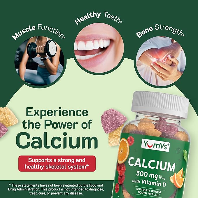 YUM-V'S Calcium 500mg with Vitamin D3 - Raspberry & Orange Flavor Calcium Vitamin D Gummies, Chewable Calcium Supplement for Kids & Adults, Vitamin D Calcium Gummies (60 Count (Pack of 2)