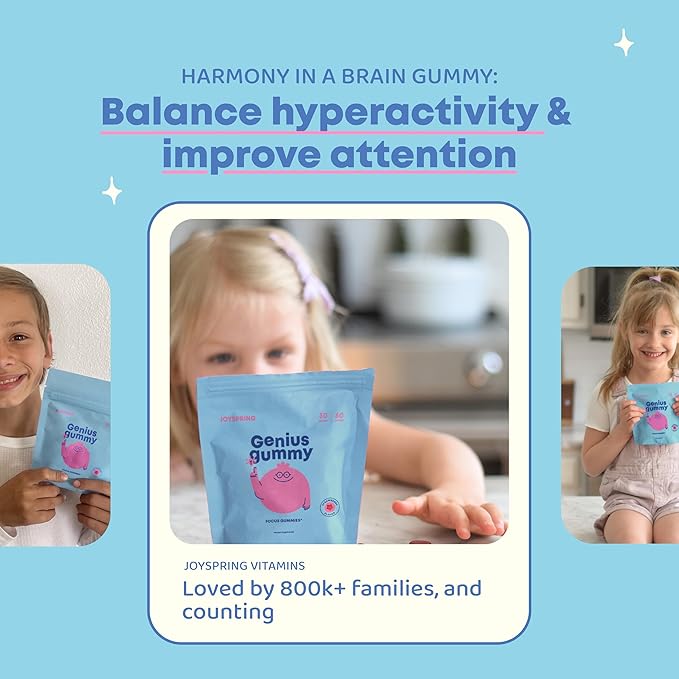 JoySpring Genius Kids Focus Gummies – Natural Herbal Brain Supplement for Kids | Vegan, Gluten-Free, Sugar-Free with Bacopa, Gotu Kola, Rhodiola – 60 Count