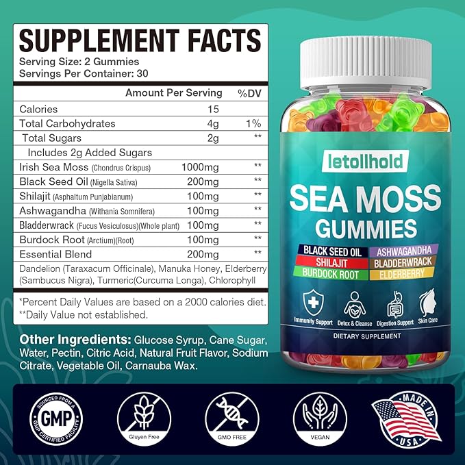 Sea Moss Gummies - Irish Sea Moss Gummies Advanced for Adults with Ashwagandha Bladderwrack & Burdock Root for Supports Immune，Energy - 60 Vegan Gummy,2PCS