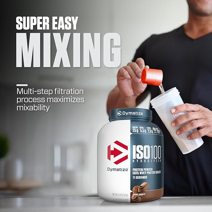 Dymatize ISO100 Whey Protein Powder Isolate, Gourmet Chocolate, 25g of Protein, 5 Pound, 5.5g BCAAs, Less Than 120 Cal., Gluten Free, 1g Fat, 1g Sugar, 2g Carb (71 Servings)