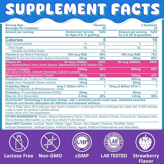 Kids Calcium Gummies + D3 & Magnesium for 4+, with Calcium Citrate Calcium Gluconate, Calcium Lactate, Probiotics & Prebiotics for Children Bone Health,Muscle Support,Digestive Health,Sugar Free 60Cts