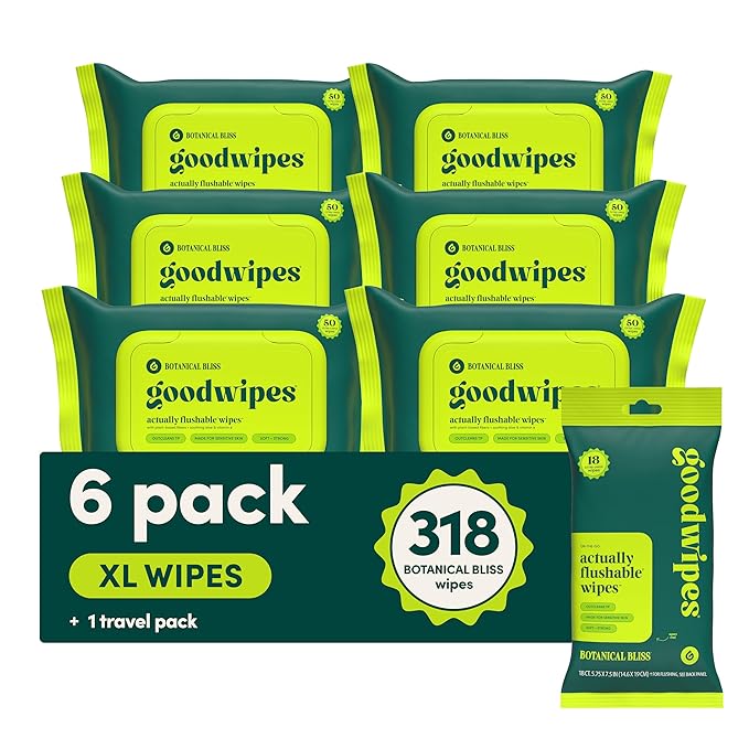 goodwipes Flushable Butt Wipes - Vitamin E & Aloe - Sewer & Septic Safe - Extra Large Adult Wet Wipes For Women & Men - Bathroom Essentials - Botanical Bliss, 318 Count (6 Packs + 1 Travel)