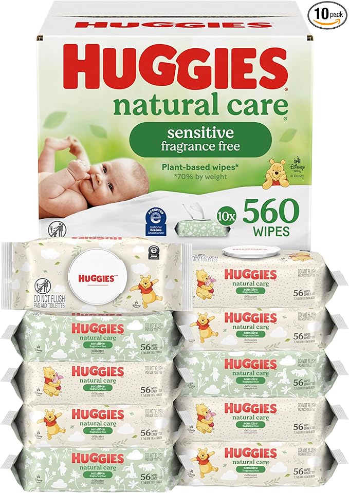 Huggies Natural Care Sensitive Baby Wipes, Unscented, Hypoallergenic, 99% Purified Water, 10 Flip-Top Packs (560 Wipes Total)