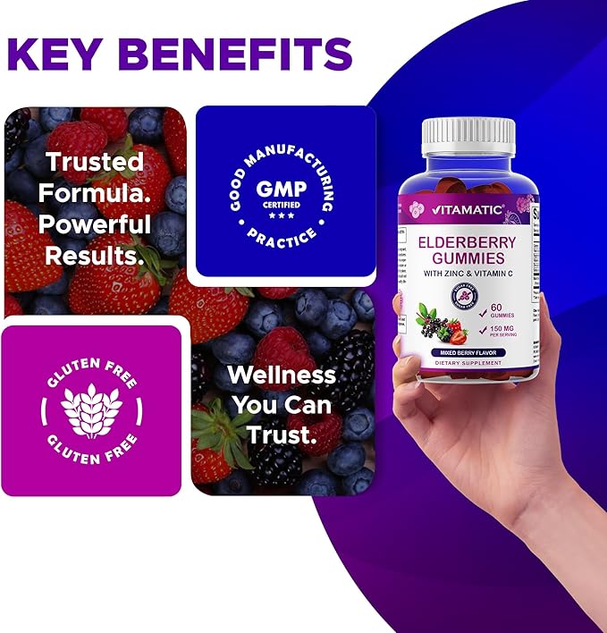 Vitamatic Elderberry Gummies with Vitamin C & Zinc – Immune Support Supplement – Mixed Berry Flavor– 60 Gummies – Made in The USA, Vegan, Non-GMO, Gluten-Free - 2 Pack