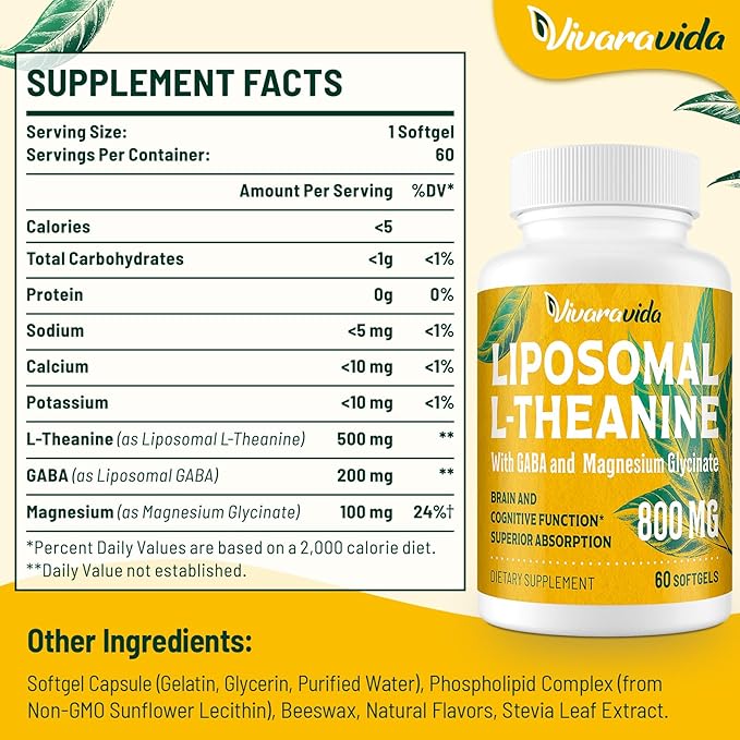 L-Theanine 800mg Supplement with GABA and Magnesium Glycinate - Natural Compound, Sleep and Relaxation (120 Softgels)