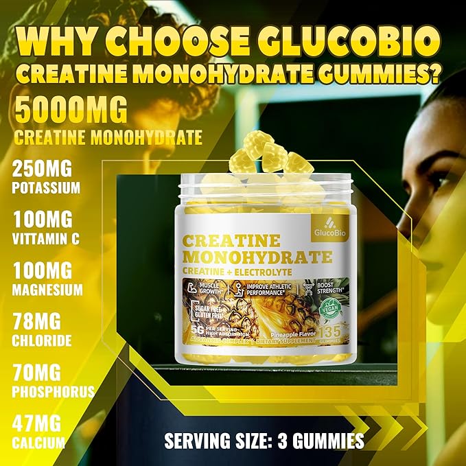 Creatine Monohydrate Gummies (5g) – Pre-Workout Energy & Muscle Growth Support for Men & Women | Pineapple Electrolyte Gummies (135 Count)