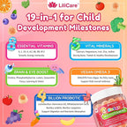 Kids Multivitamin Gummies + Iron, Omega 3, Probiotic, Fiber, Vitamins A C D3 E, K2, Methylfolate, Calcium, Choline, Kids Vitamins Multivitamin for Growth, Immune, Bone, Brain, Focus, No Sugar, 60 Cts