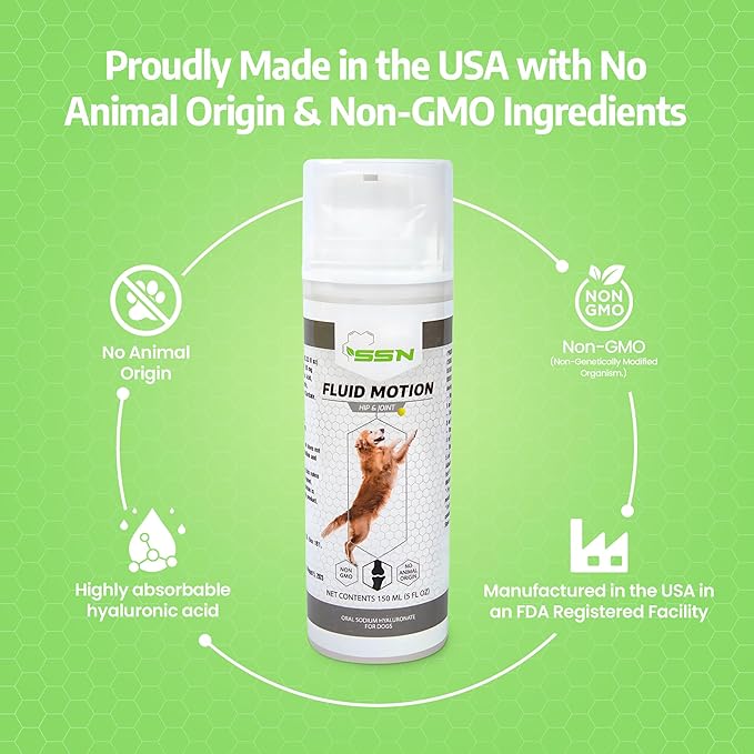 Fluid Motion - Hip & Joint Support for Dogs - Liquid Hyaluronic Acid - Joint Mobility, Skin, & Coat Supplement for Senior Dogs - Apple Flavor - Glucosamine Alternative (30-60+ Day Supply)