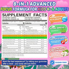 Focus Gummies for Kids & Adults, w/Magnesium Glycinate, Omega-3 DHA, Lion's Mane, L-Theanine, Methyl B12 & Vitamin D3, Brain Supplement Support Calm, Sleep, Attention, Concentration and Memory, 120Cts