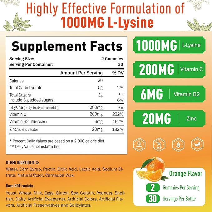L-Lysine Gummies 1000 mg, Cold Sore Supplement with Immune Support for Lips & Oral, Chewable L Lysine Gummies for Adults & Kids, Boost Immune & Collagen, Non-GMO, Vegan, Gluten Free - 60 Counts