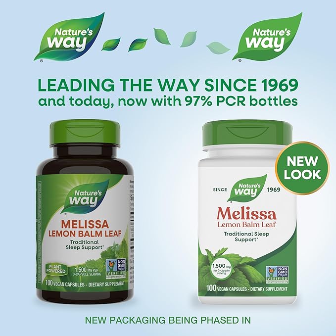 Nature's Way Melissa Lemon Balm Leaf, Traditional Sleep Support*, Melatonin Free, 1500 mg per 3-Capsule Serving, Non-GMO Project Verified, 100 Vegan Capsules (Packaging May Vary)