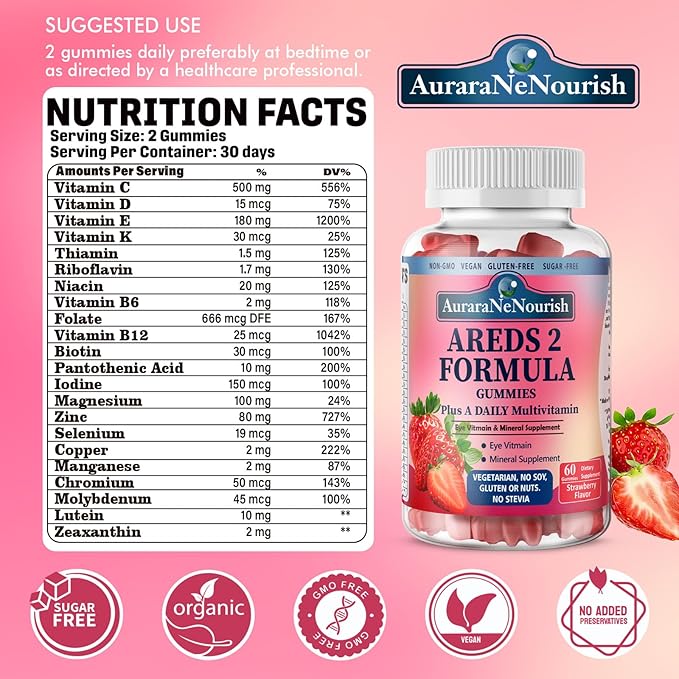 Areds 2 + Advanced Formula for MacularHealth, 22-in-1 Eye Vitamin & MineralSupplement w. Zeaxanthin, Zinc &Vitamin C Supports Eye Strain, Pressure,Night Vision, 60 Chewable Gummies