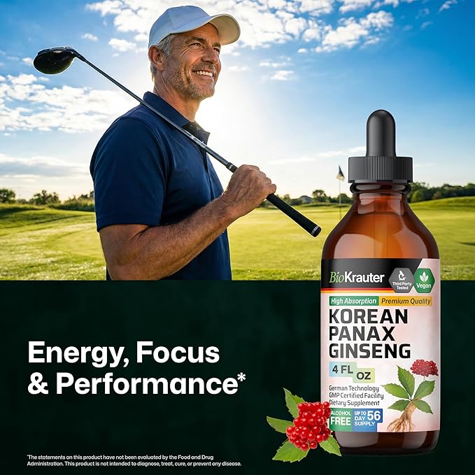 BIO KRAUTER® Ginseng Supplement - Pure Vegan Liquid Drops Korean Red Ginseng 696 mg per Serving 4 Fl.Oz 56-Day Supply - Used for Energy, Focus, Performance & Immune Support - Alcohol & Sugar Free