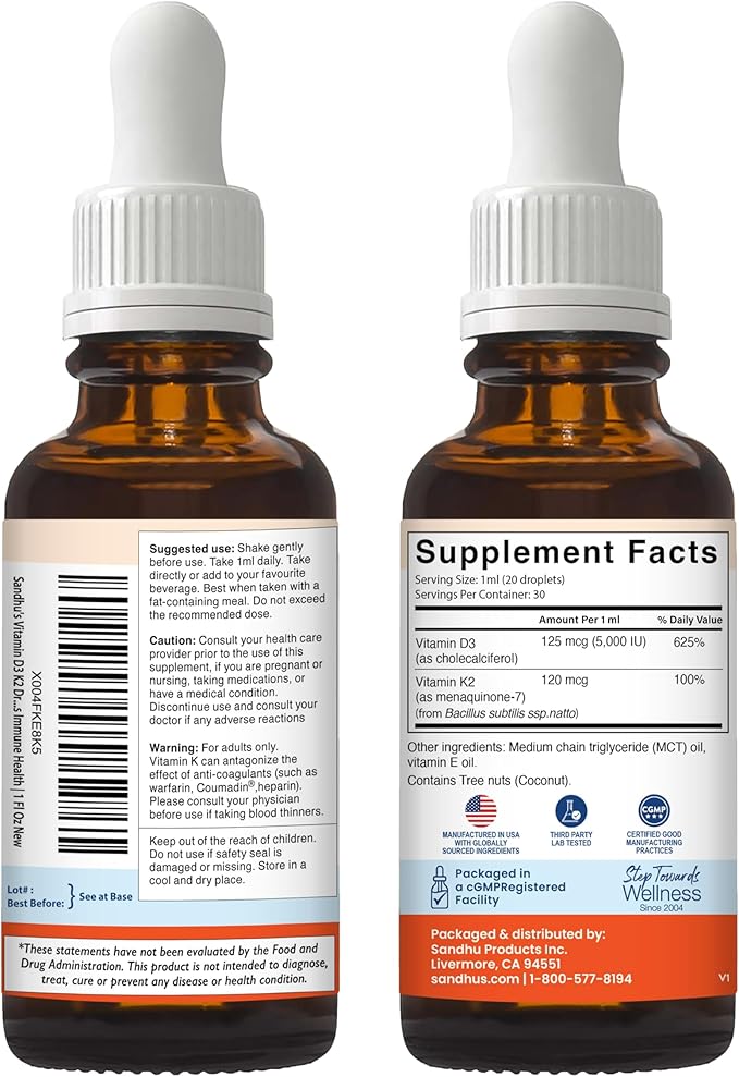 Sandhu's Vitamin D3 K2 Drops for Adults | 5000 IU D3 Liquid, 120mcg K2 Supplement 1 Fl Oz (Pack of 1) | D3K2 Supports Superior Absorption, Energy, Immune, Muscle Health for Men & Women