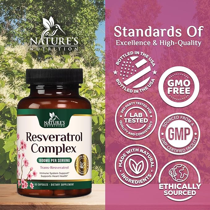 Resveratrol Supplement - 1800mg Per Serving Extra Strength Resveratrol Blend - Antioxidant Blend for Healthy Aging, Heart Health, Cellular Energy & Immune Support - Bottled in USA - 60 Capsules