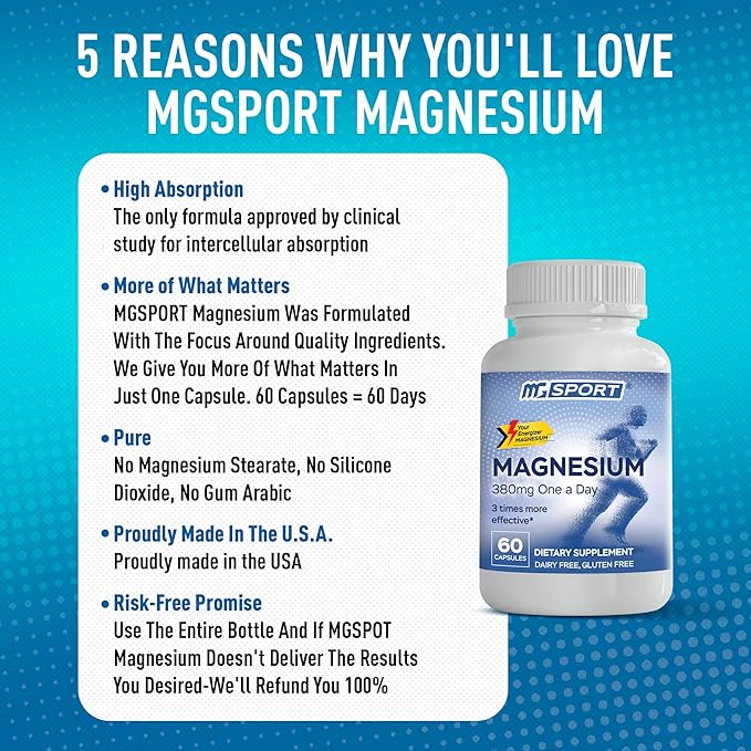 MGSPORT Magnesium Supplement 380mg - High Absorption Magnesium Complex Formula with Vitamins B6, D, E - Supports Muscle Function and Sleep Quality - 60 Servings