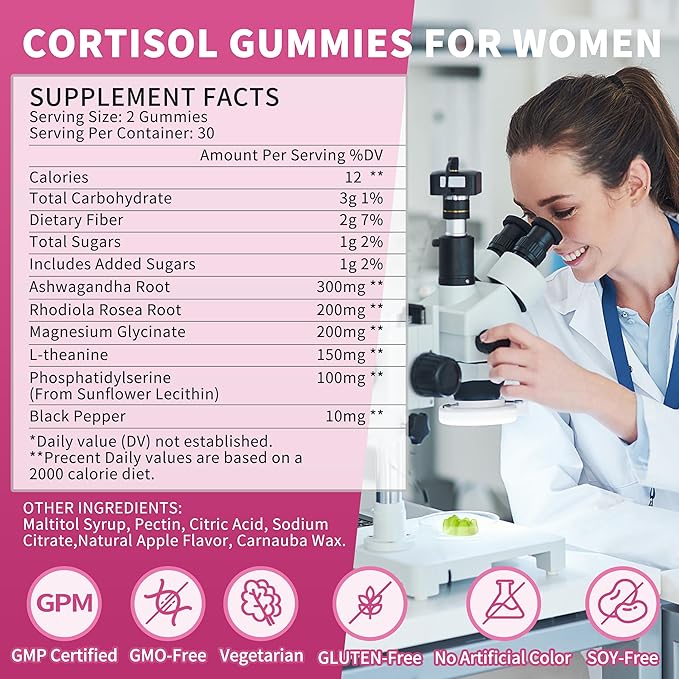 Wanish Cortisol Gummies for Women,Cortisol Supplements for Women-Relaxation and Mood,Cortisol Reducer with Ashwagandha, Rhodiola Rosea, etc. Cortisol Manager Gummies,Vegan,Apple Flavor,60 Count