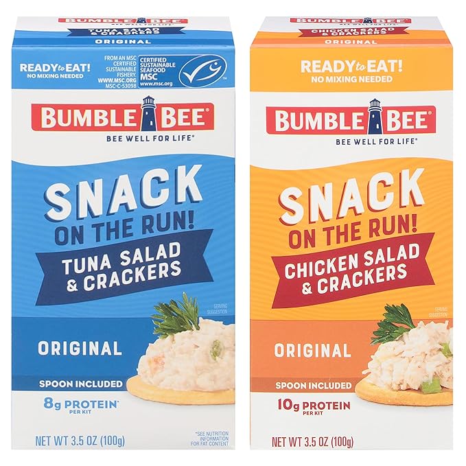 Bumble Bee Snack on the Run Classic Favorites Duo (2 Total Kits) - Original Tuna Salad and Classic Chicken Salad with Crackers - Ready to Eat Protein Snacks